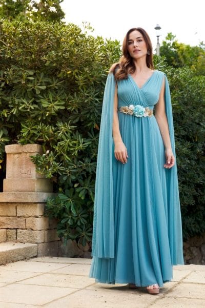 Vestido largo damas manga capa turquesa Ref. 2834