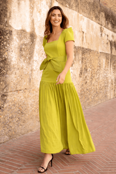 Vestido largo talle bajo con frunce verde lima Ref. 38073