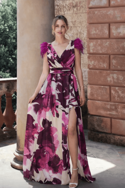 Vestido largo estampado plumas Ref. 2910