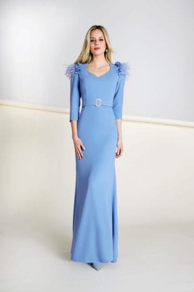 Vestido elegante celeste plumas Ref. 556