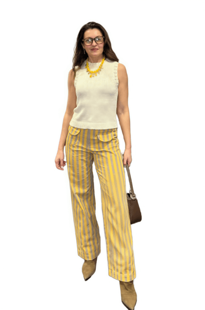 Pantalón rayas verticales amarillas y marrones