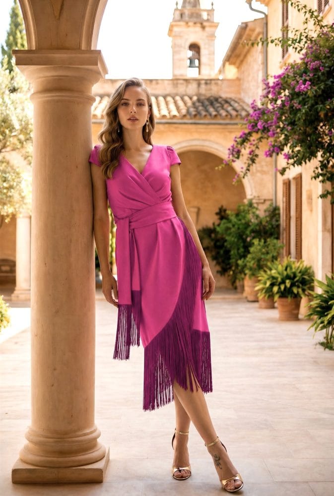 Vestido cruzado flecos fucsia Ref. 3059