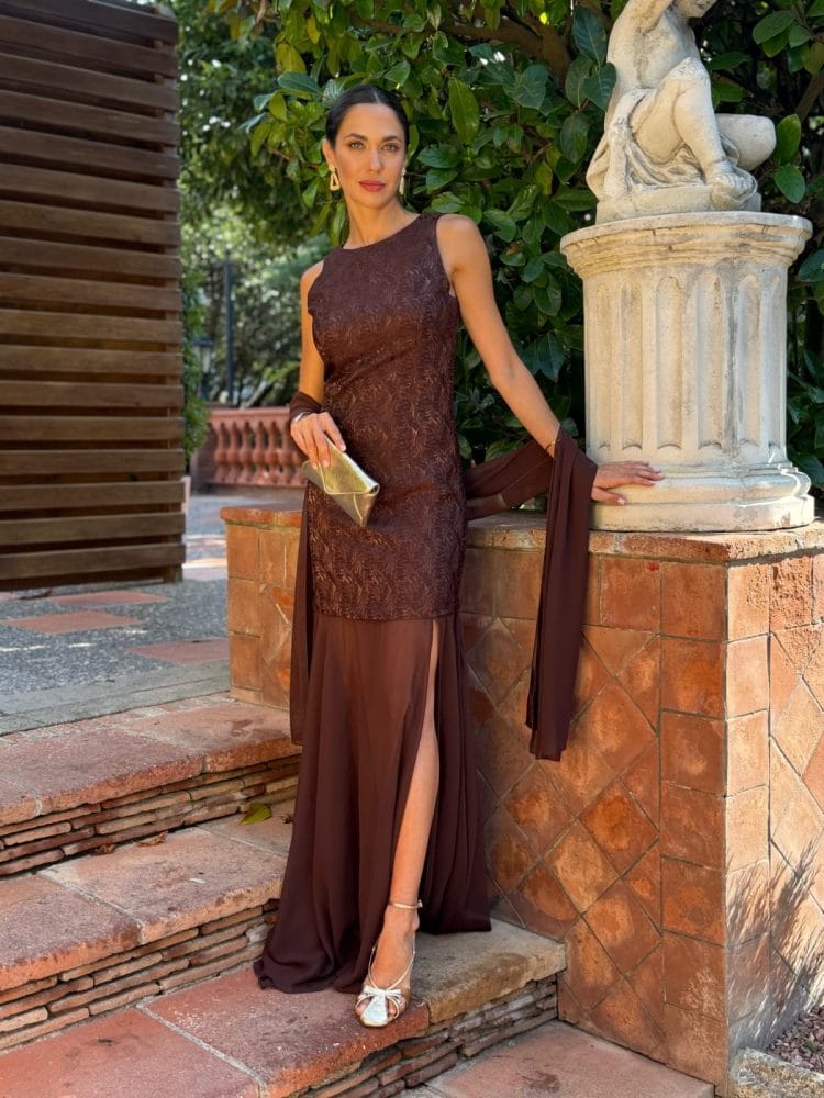 Vestido largo marrón brocado y gasa Ref. 7706