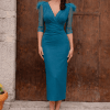 Vestido midi drapeado gasa turquesa Ref. 4640