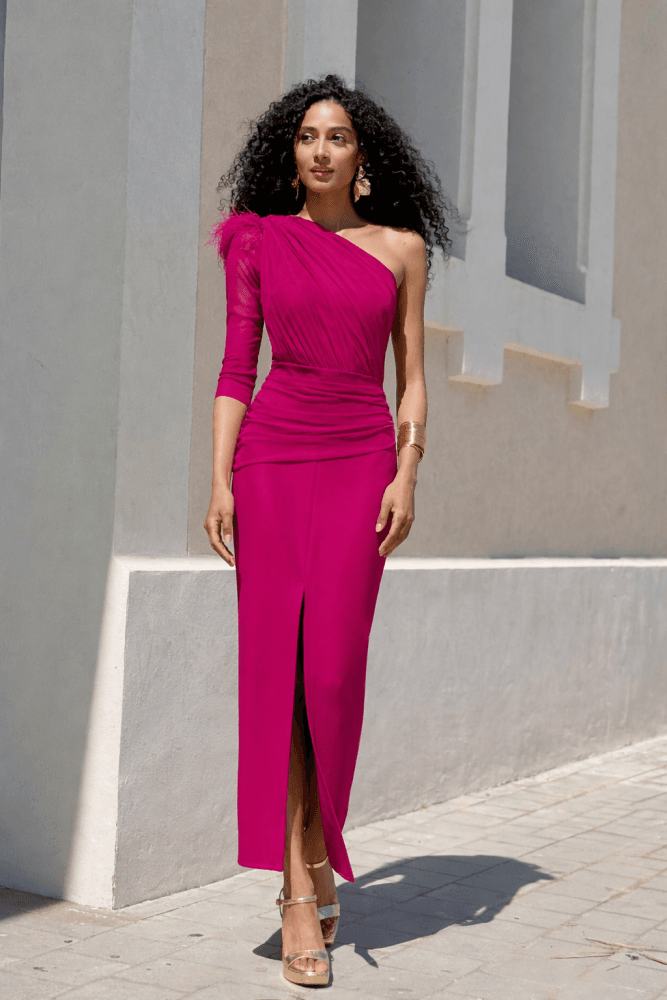 Vestido asimétrico drapeado buganvilla Ref. 4666