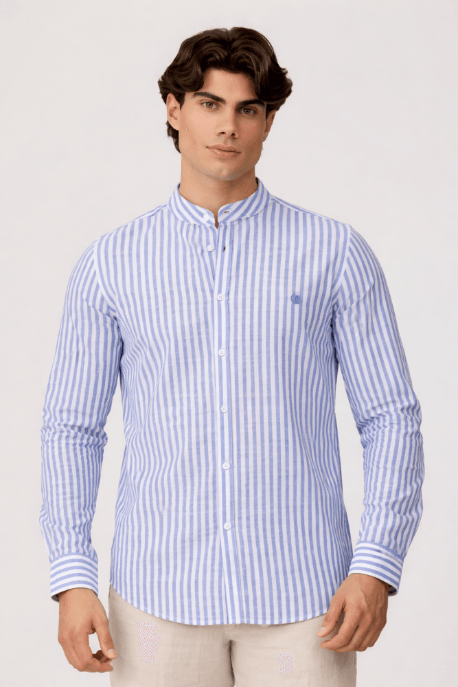 Camisa rayas azules cuello mao Ref. Kenia