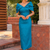 Vestido midi manga abullonada turquesa Ref. 7765