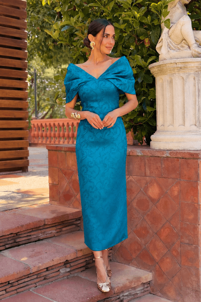 Vestido midi manga abullonada turquesa Ref. 7765