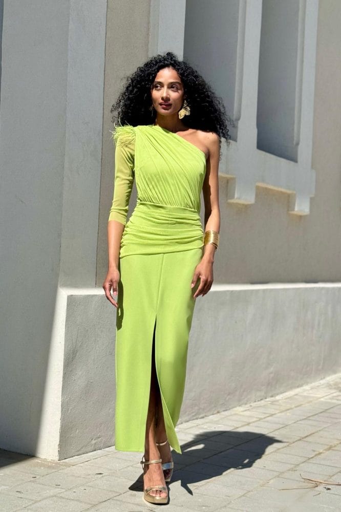 Vestido asimétrico drapeado verde lima Ref. 4666