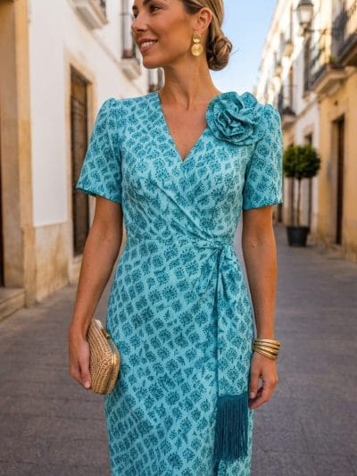 Alternative view of Vestido midi turquesa estampado flecos Ref. 626-064