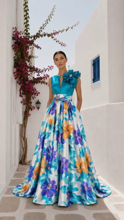 Vestido largo estampado floral turquesa Ref. 900