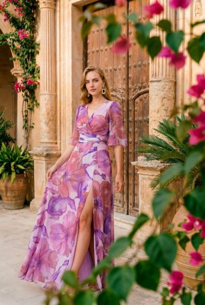 Vestido largo gasa estampado malva Ref. 3056