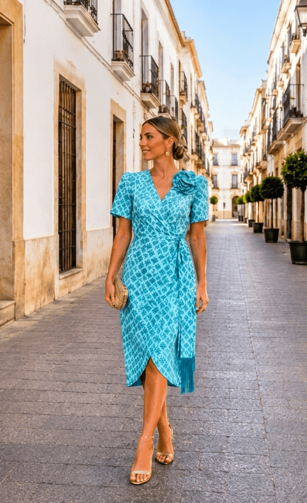 Vestido midi turquesa estampado flecos Ref. 626-064