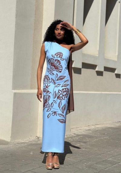 Vestido largo asimétrico azul flores Ref. 4881