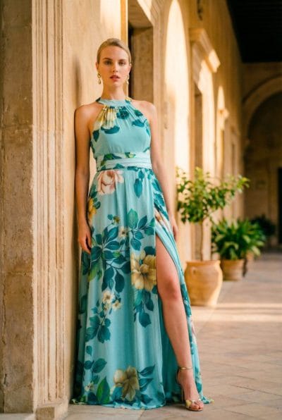 Vestido largo cuello halter estampado flores azul Ref. 3068