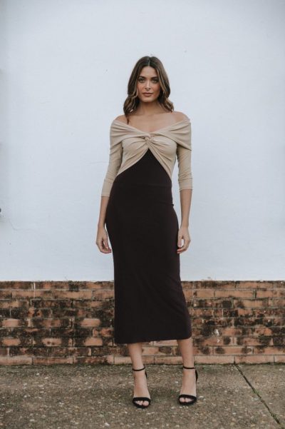 Vestido largo bicolor beige y marrón nudo Ref. 626-225