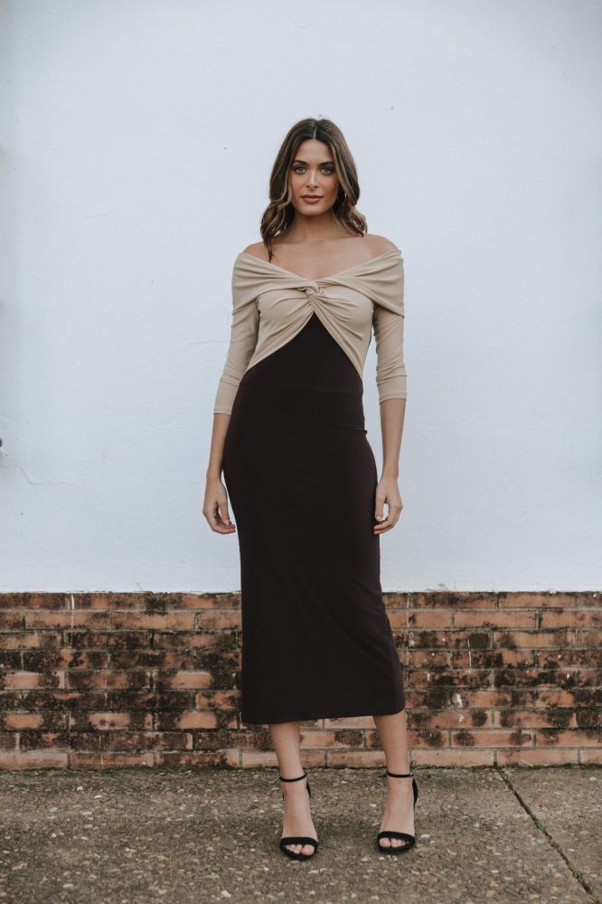 Vestido largo bicolor beige y marrón nudo Ref. 626-225