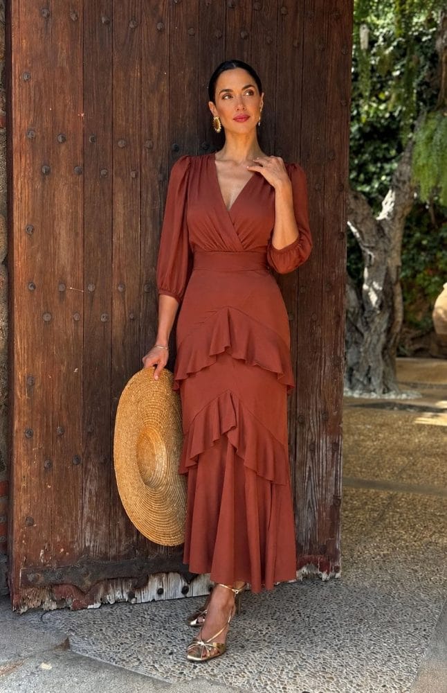 Vestido largo volantes teja Ref. 7906