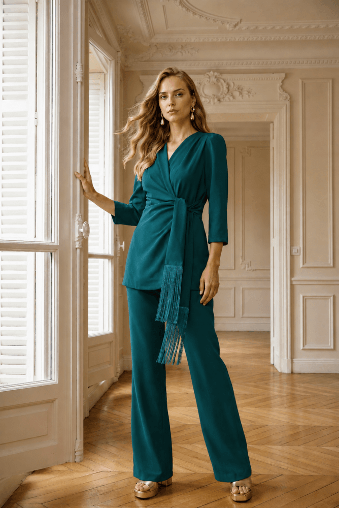 Conjunto pantalón cruzado flecos verde Ref. 2913