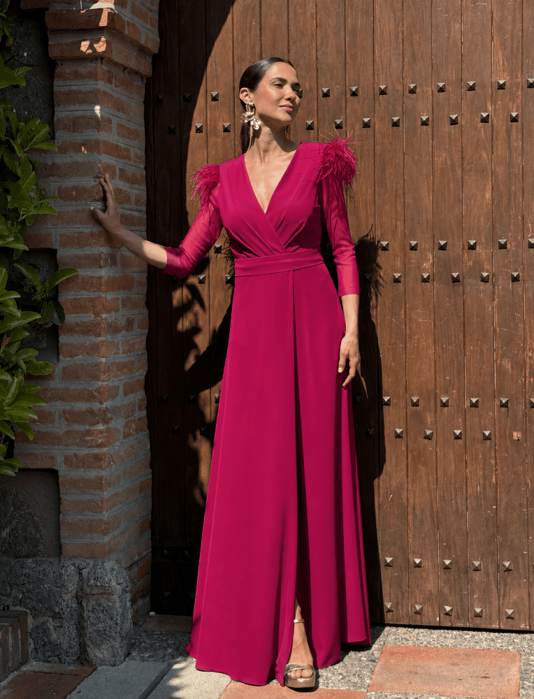 Vestido largo plumas buganvilla Ref. 4897
