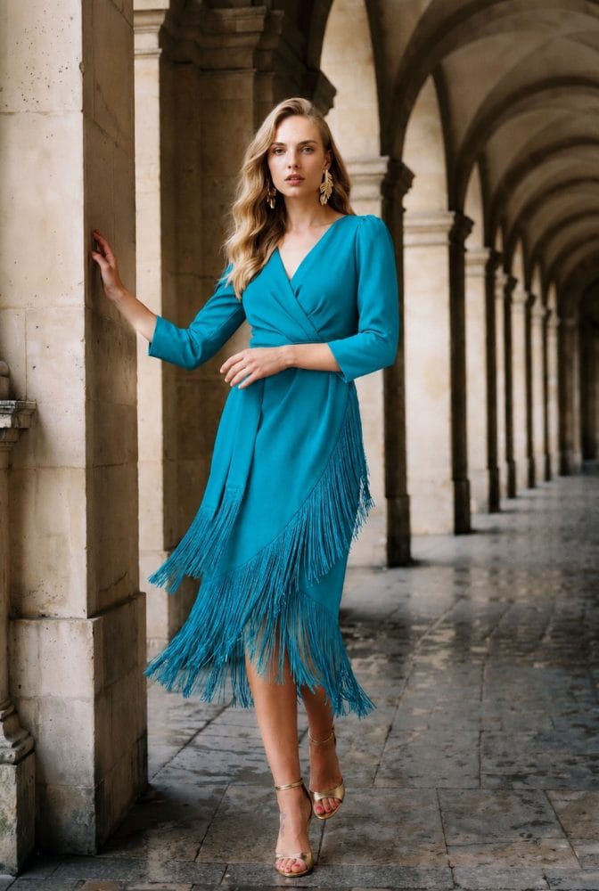 Vestido midi flecos turquesa Ref. 2836