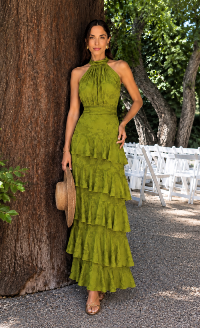 Vestido largo jacquard cuello halter lima Ref. 7909