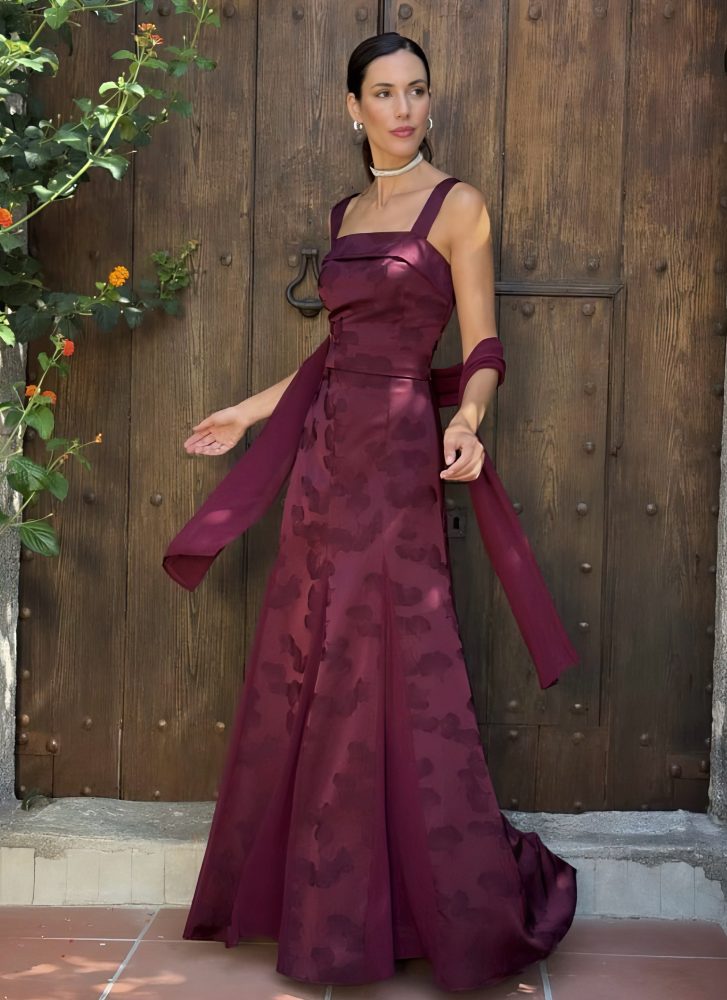 Vestido largo jacquard granate Ref. 4953
